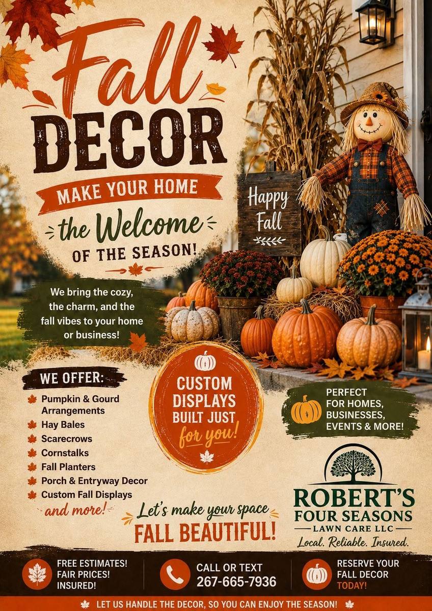 Robert's Four Seasons fall decor flyer listing pumpkin arrangements, hay bales, scarecrows, cornstalks and porch displays