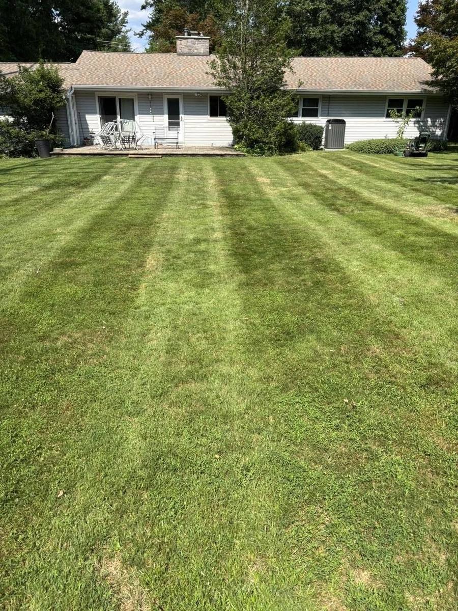 Backyard of a ranch home mowed in parallel stripes